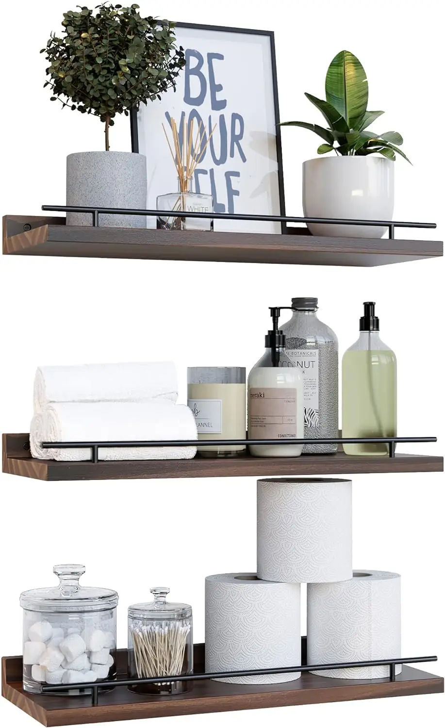 Bedroom Bathroom Kitchen 3 Pack Art- Dark Brown Wood Wall Decor Floating Shelves with Black Metal Guardrail