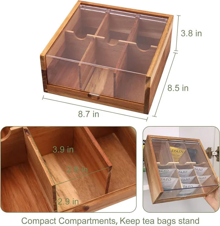 Custom Large 6 Compartments Tea Chest  Organizer Acacia Wood Tea Bags Storage Box With Acrylic Transparent Hinged Lid