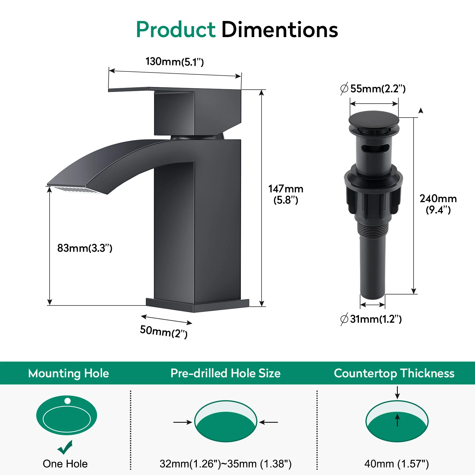 CUPC Single Handle Waterfall Luxury Bidet Black Faucet Bathroom Basin Waterfall Taps Faucet Black Mixer Tap Faucets