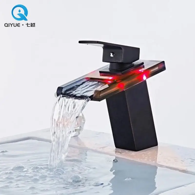 single lever hot and cold water Modern black painted brass quality bathroom glass spout waterfall led basin faucet mixer tap