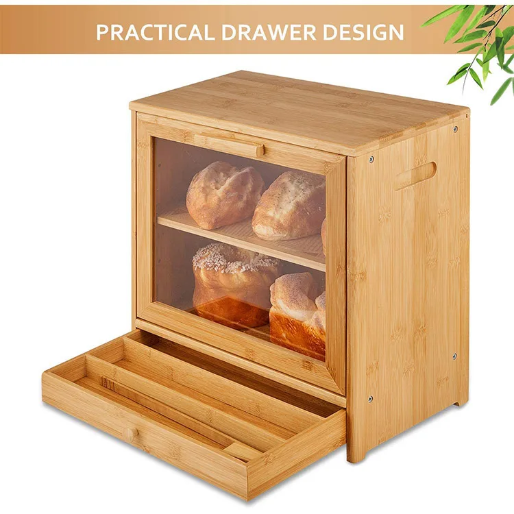 Bamboo Bread Box For Kitchen Counter2 Adjustable Layer Wooden Bread Bin With ClearWindow And Storage Drawer