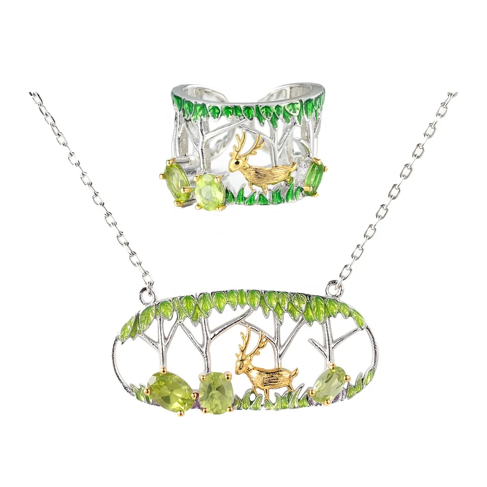 C8186 Abiding Cute Jewelry Set 925 Silver Natural Peridot Animal Deer Charm Pendant For Jewelry Making