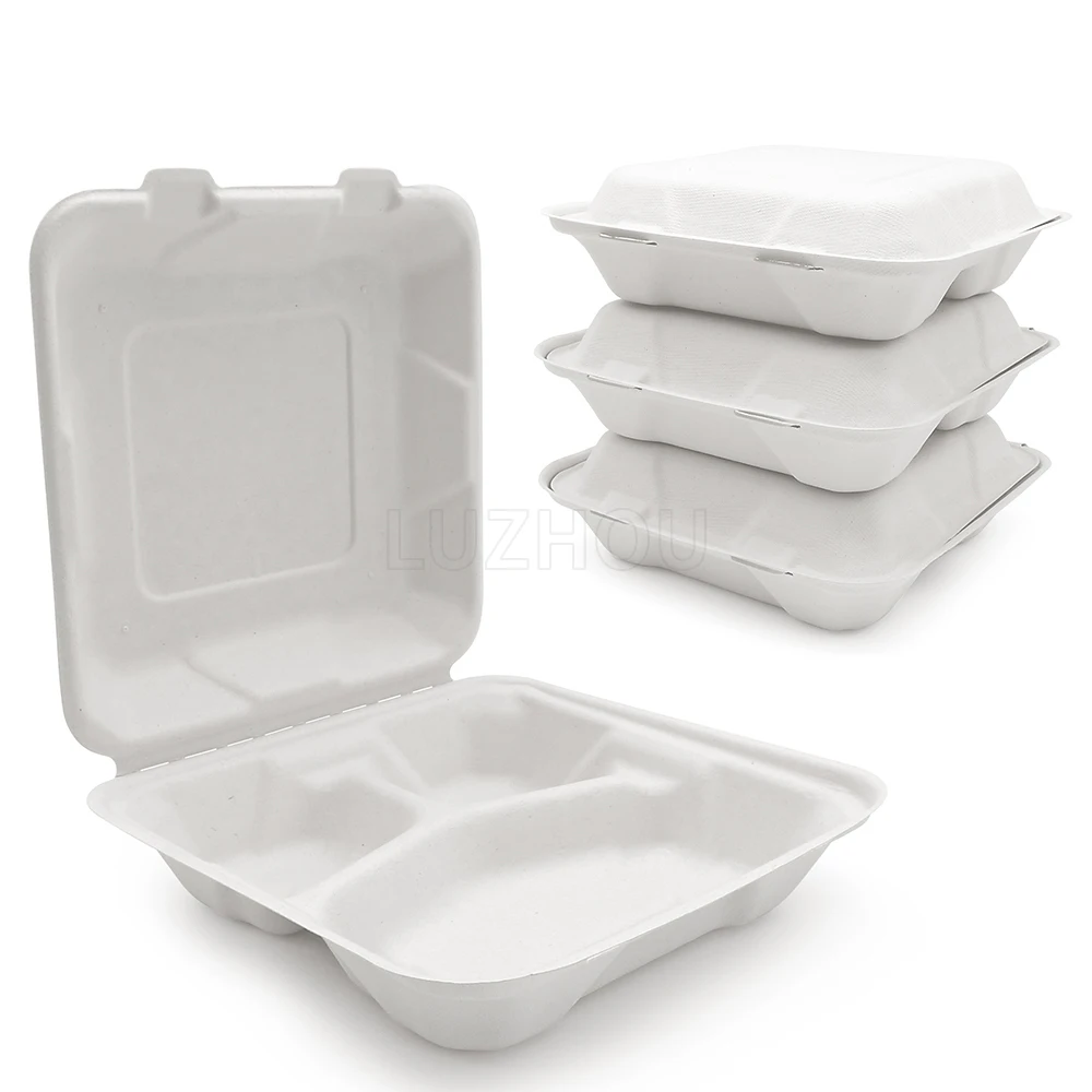 900ml 8 Inch 3 Compartment Microwave Safe Greaseproof Eco Friendly Bagasse Made To-go Bio Degradable Food Container Disposable