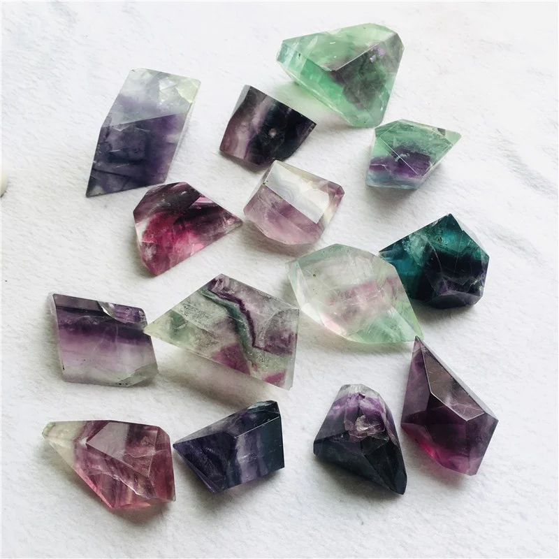 Natural Crystal Healing Irregular Gem Shape Rainbow Green Fluorite Tumbled Stone
