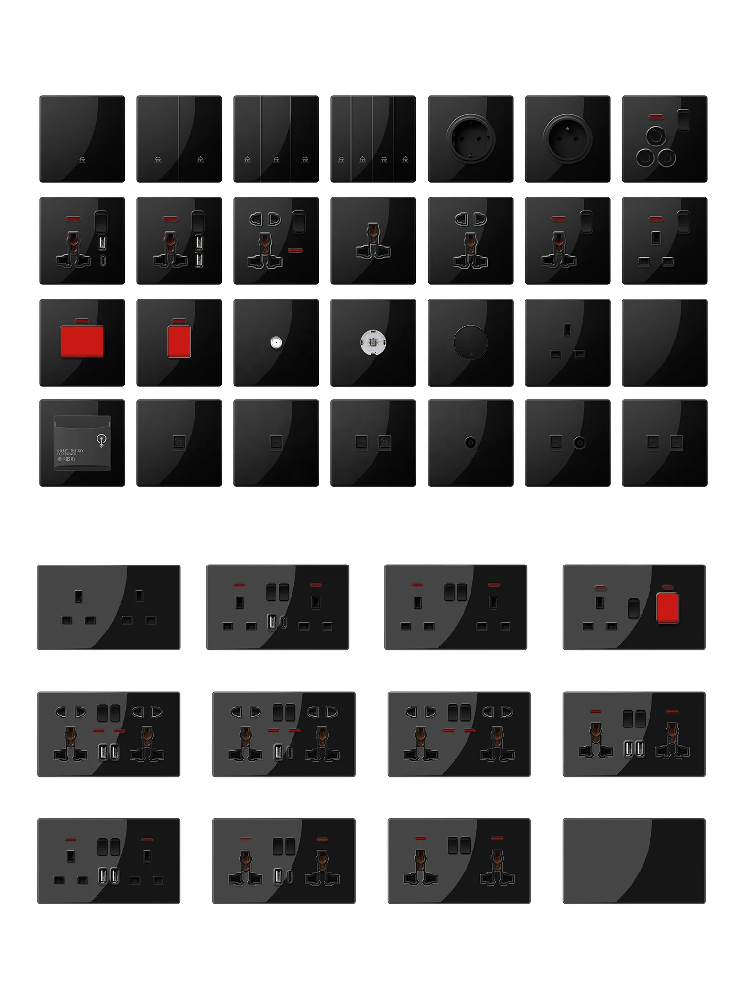 OEM Manufacture Black Switch Panel Wall Light Switch Box1-4 Gang 1/2 Way Wall Sockets And Switches