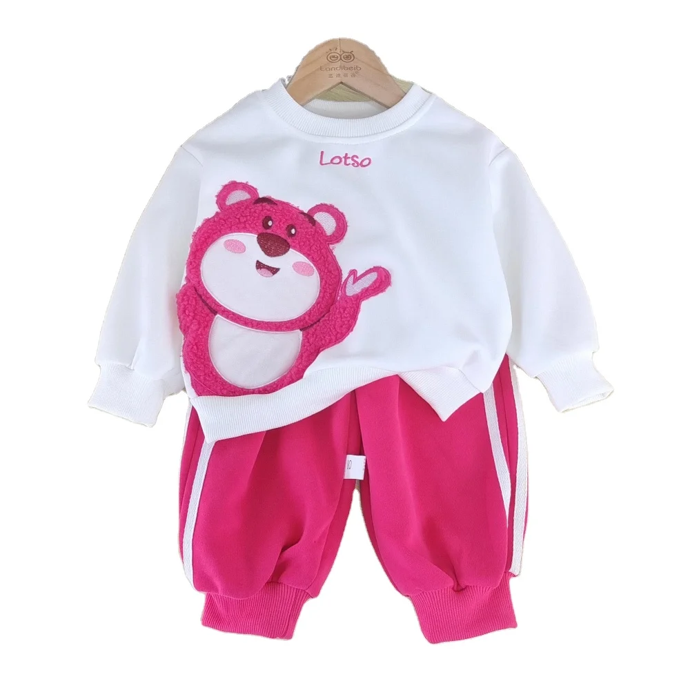 New style toddler girl autumn cartoon gentleman bear pullover top and plaid slacks two-piece suit