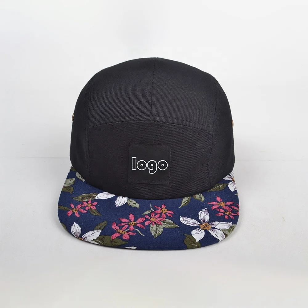 summer custom embroidery snapback cap  all over printed logo five panel camp cap 5 panel hat