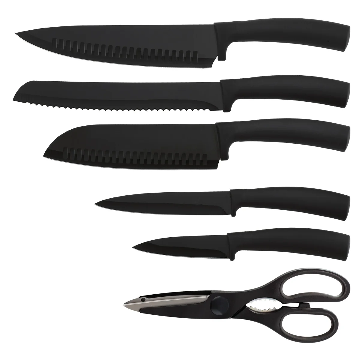 
Professional New Design Black Coating Blade TPR Handle 7 Pieces Kitchen Knife Set with PP Block 