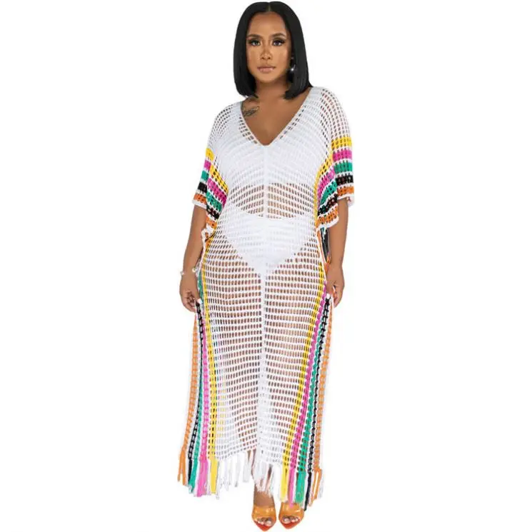 16 Patterns Sexy Summer Colorful Stripes Crochet Tassel See Through Beach Wear Top