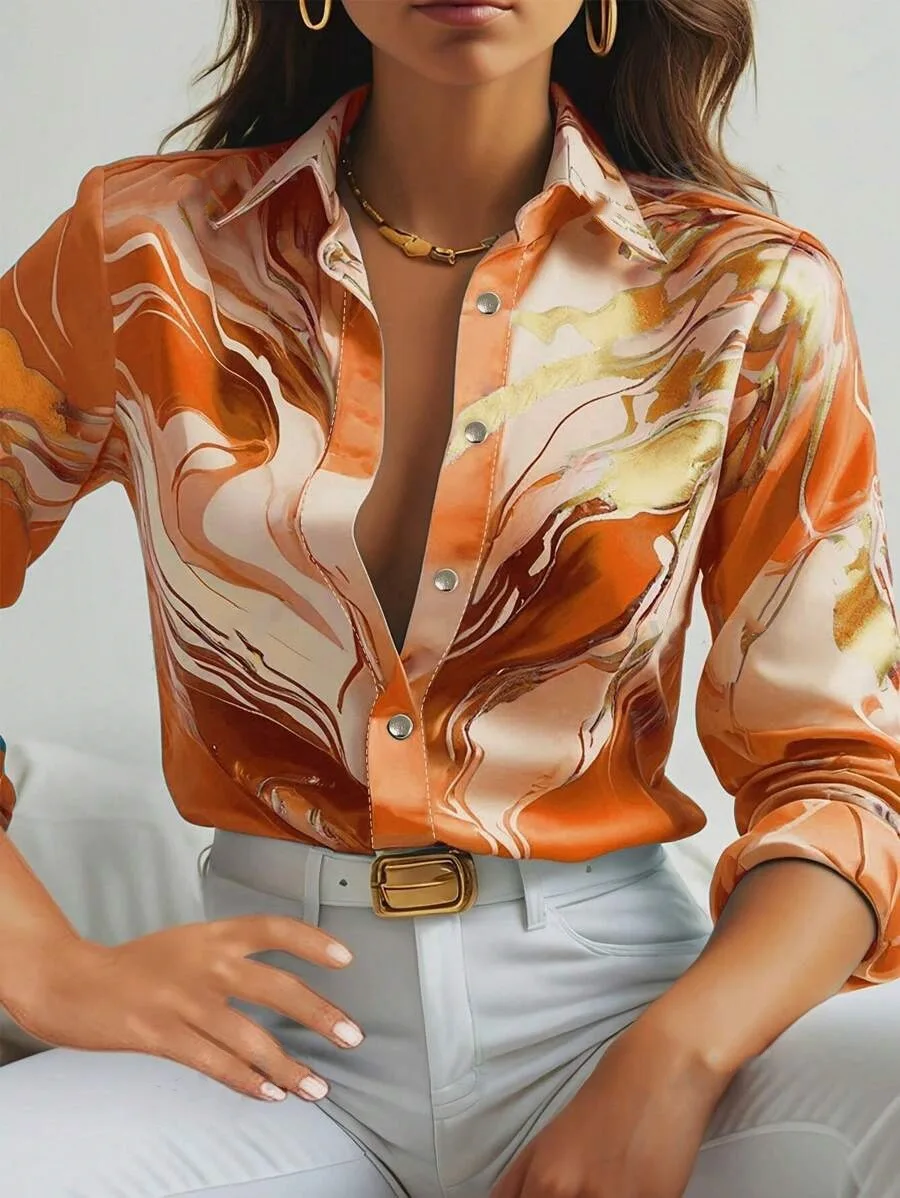 King Mcgreen star High Quality women Elegant Blouse Loose Button Shirt 3D Digital Printed long sleeve Tops for lady