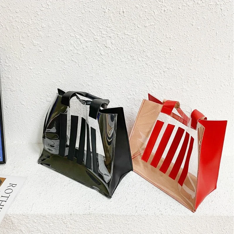 2022 Customize Hote Sale Customized Promotional PVC Clear Transparent Casual Women Shopping Tote Bag Beach Waterproof Handle Bag