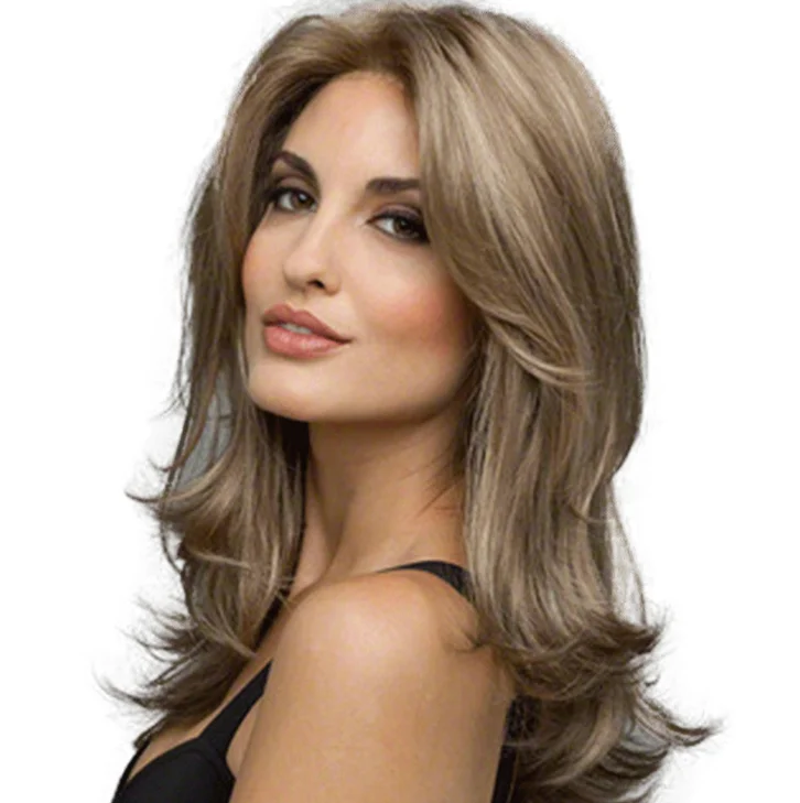 Amazon hot sell good quality cheap fashion brown lady medium long curly hair Virgin Brazilian Lace Wig Human Hair Straight