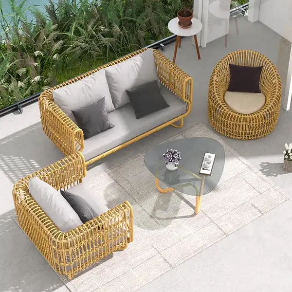 Zeen Garden Furniture 4 Pieces Yellow Glass Top Coffee Table Balconyfurniture Rattan Outdoor Patio Sofa Set