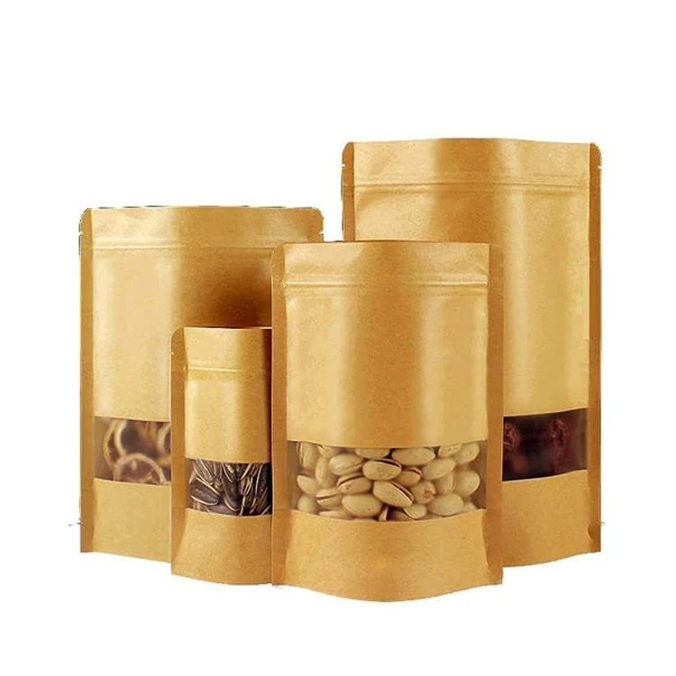 Recycle Stand Up Pouch Ziplock Dried Biodegradable Kraft Paper Packaging Bag with Window for Food