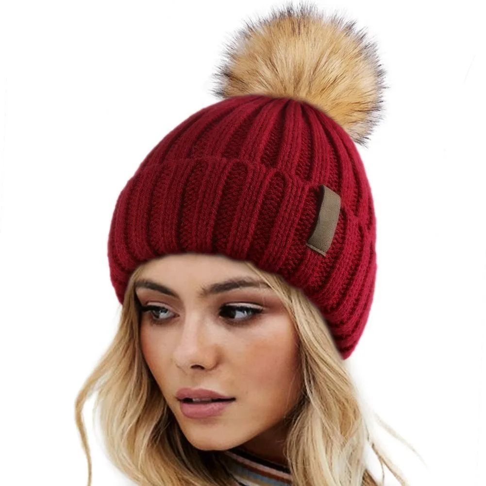 Hot Sale Women Winter Knitted Beanie Hat With Faux Fur Pom Pom Warm Knit Skull Cap Beanie With Logo Custom