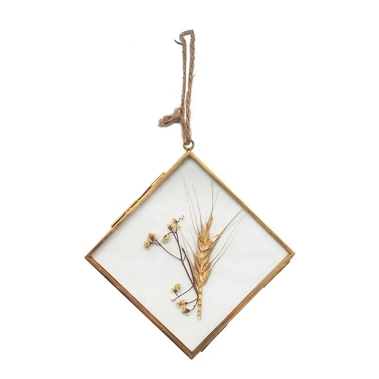 Wall hanging photo frames with dried flowers copper hanging photo frame
