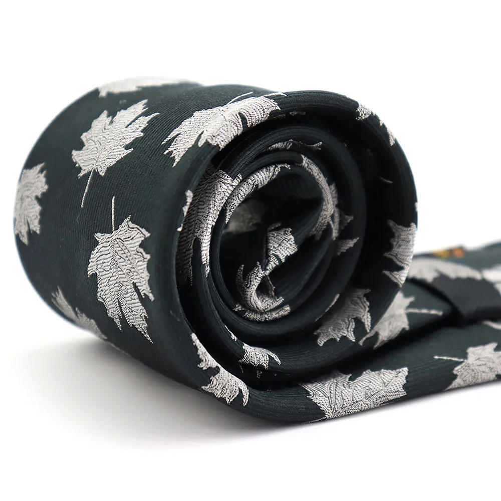 China Supplier Wholesale Customized Mens Necktie Falling White Maple Leaf Dark Green Jacquard Twill Men Custom Silk Tie Woven