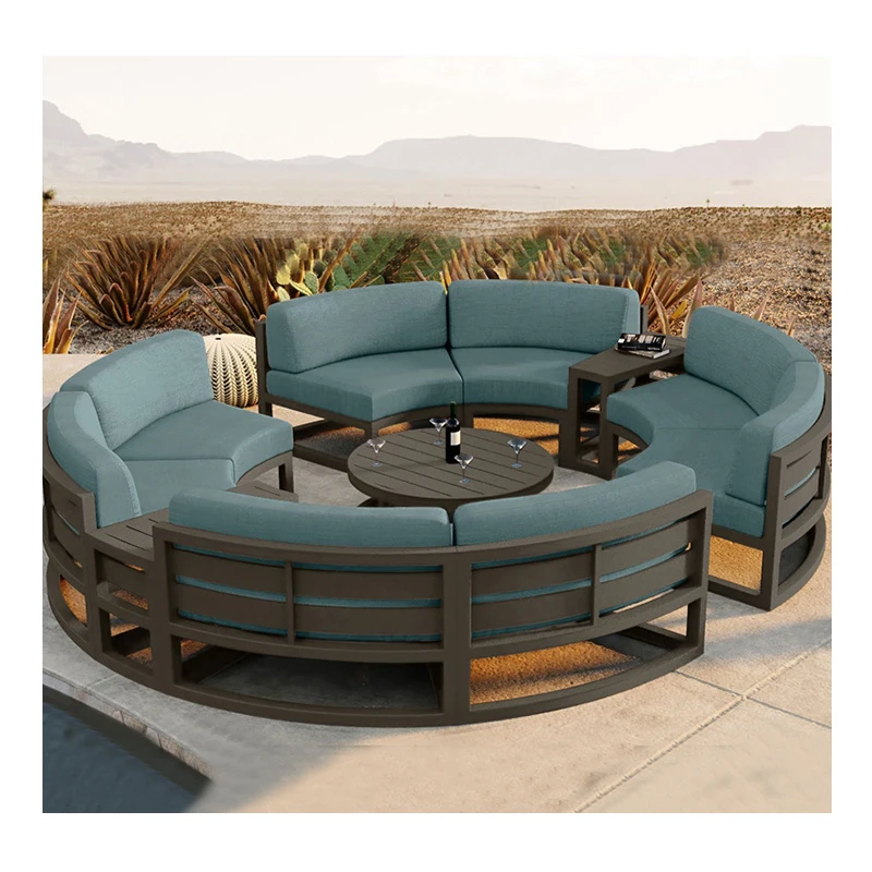 Luxury Hotel Metal Frame Outdoor Sectional Lounge Sofa Set Round Aluminum Garden Sofa Patio Furniture With Waterproof Cushion
