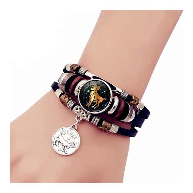 Adjustable Luminous Zodiac Sign Hand Bracelet Classic Punk Leather for Man and Woman Hip-Hop Style with Gift for Male Friends