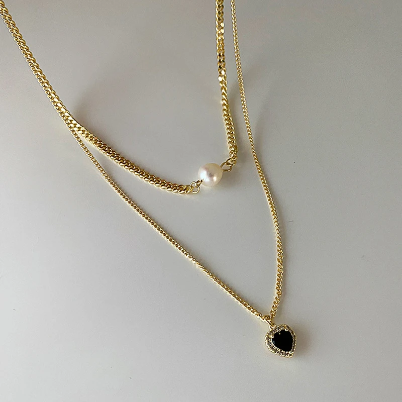 Black love Heart Cubic Zircon Pendant Natural Freshwater Pearl Double Layered Necklace Women Glod Plated Chain Chokers Jewellery