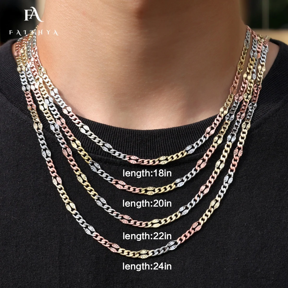 FC5003 новый тренд гальванизация чистого золота 18k Figaro Трехцветная цепочка новейшая технология для защиты цвета от выцветания