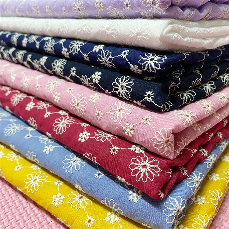 Wholesale Colorful 100% Cotton Embroidery Fabric Luxury Water Soluble Lace Elegant Eyelet Milk Silk Embroidered Cotton Fabric