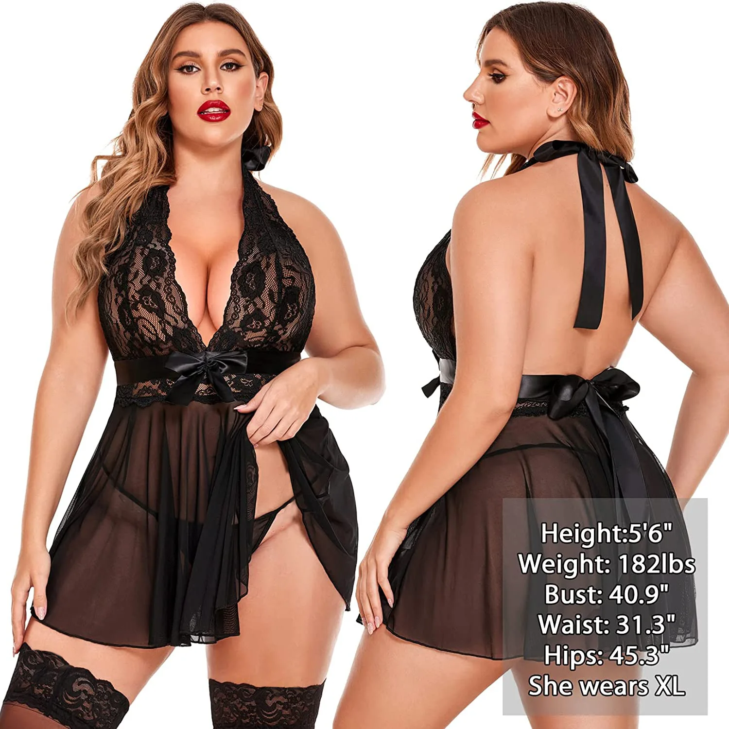 Womens Lingerie Sexy Lace Babydoll Halter V Chemise Sleepwear with Garter Belt
