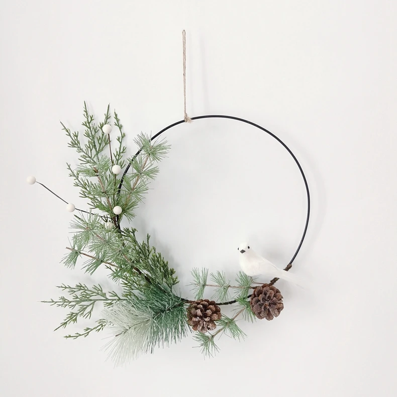 Artificial glitter green pine cone metal ring flower wreath circle with white bird Christmas decorative wreath