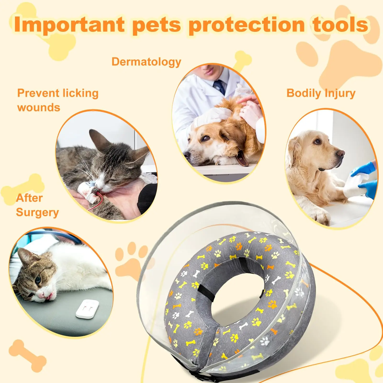 2-in-1 Inflatable Dog Cone with Detachable Anti-licking Shield Adjustable Dog Cone Collar After Surgery Soft Dog Donut Collar