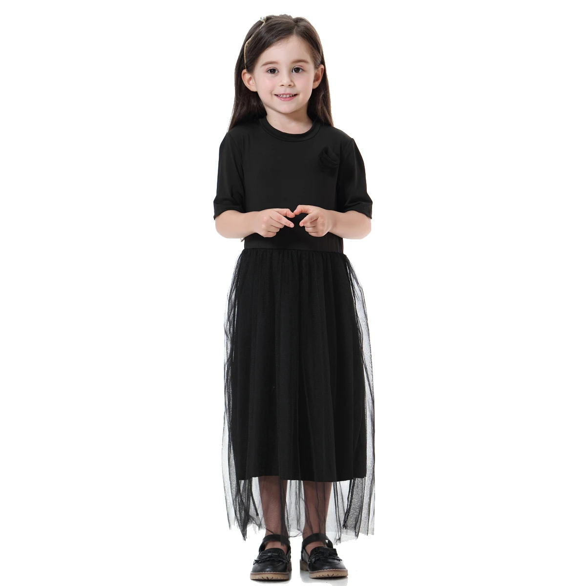 LangChi Indonesia Qatar Malaysia Dubai Abaya Muslim Girls Summer Dress Short Sleeve Islamic Clothing