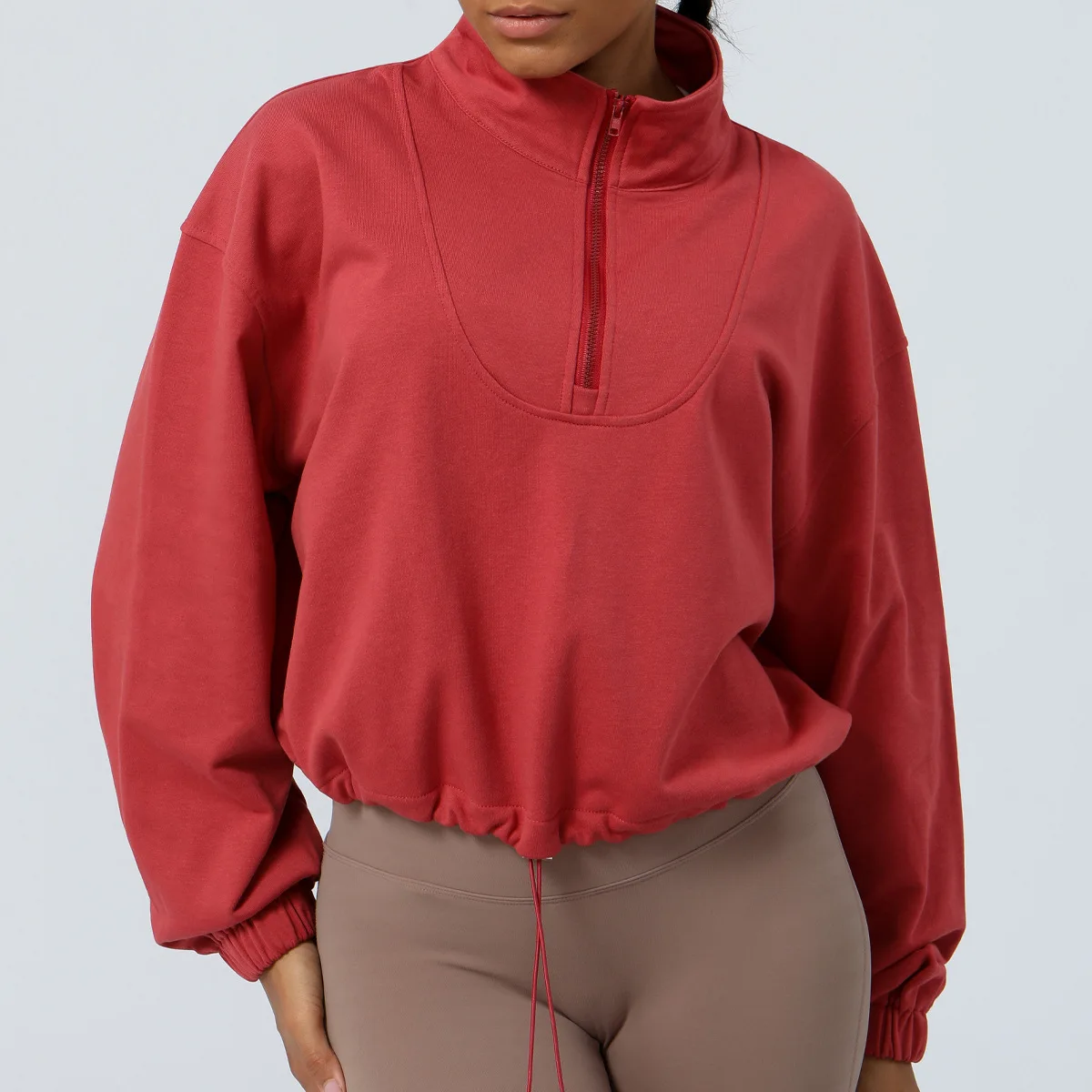 Women Front Zipper Thermal Soft Comfort Running Sweatshirt Long Sleeved Sportswear Drawstring Standing Collar Half Zip Hoodie