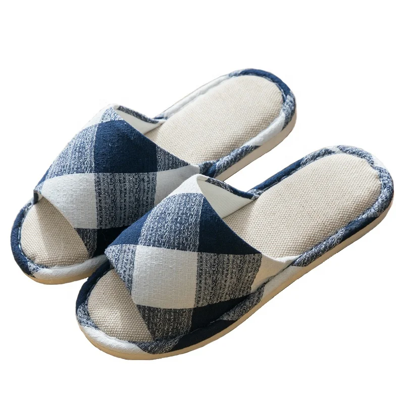 Open toe indoor soft linen sapphire blue men winter slippers