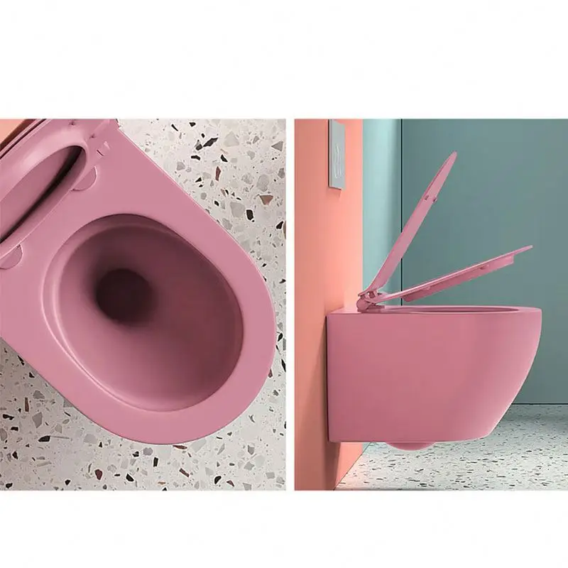 Two Piece Wash Down Bathroom WC Rimless Ceramic Pink Toilet Bowl Sanitary Ware Wall mounted Toilet Set