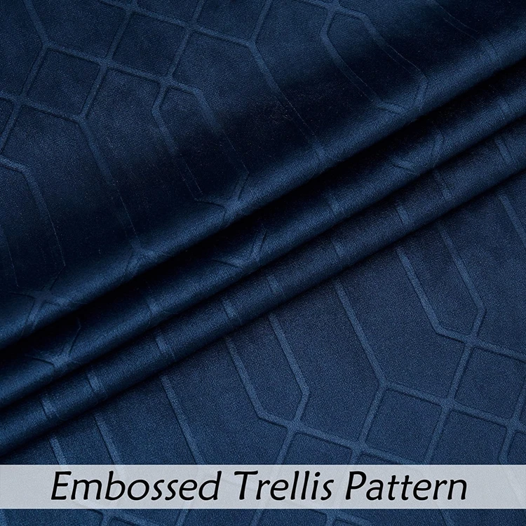 Blue Velvet Window Curtain Room Darkening 90% Blackout Panels Rod Pocket Back Tab Geometric Embossed Weave Drapes