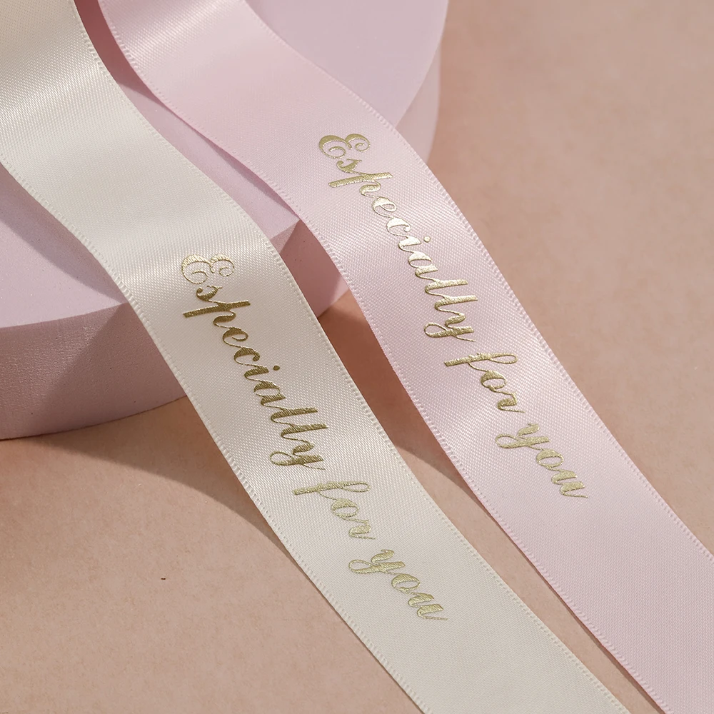 Custom Gift Wrapping Embossed rose gold Printed Recycled 100% Polyester Pink Grosgrain Satin Ribbon With Logo Brand