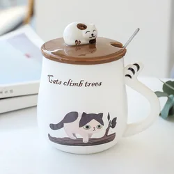 Cute Cartoon Cat Porcelain Lid Coffee Ceramic Mug