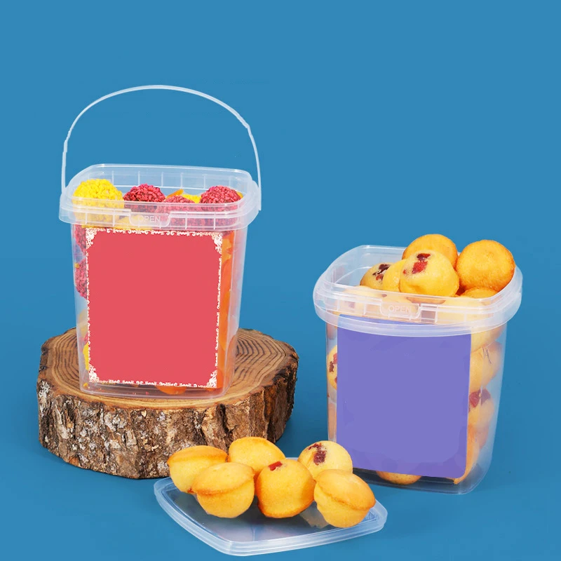 Empty 150ml 350ml 500ml 750ml 1000ml Square Plastic Buckets Transparent Pail With Handle for Packing Food