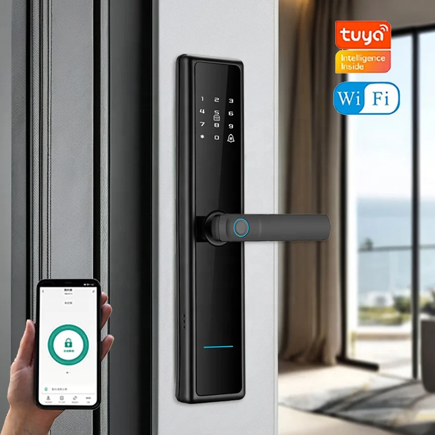 Smart Home Waterproof Wood Door Lock with Anti-Theft Fingerprint Password Access Tuya Control Compatible WiFi Network Key Type