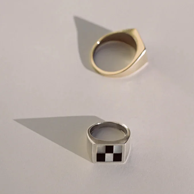 Custom 925 Sterling Silver Onyx Mother of Pearl Chess Inlay Signet Ring for Men