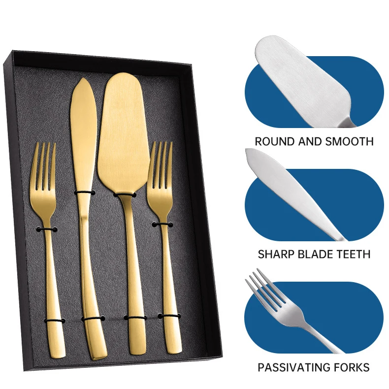 WONDERFUL 4Pcs Stainless Steel Wedding Presents Cake Cutting Spatulas and Pie Server Gold Knife and Server set with Forks