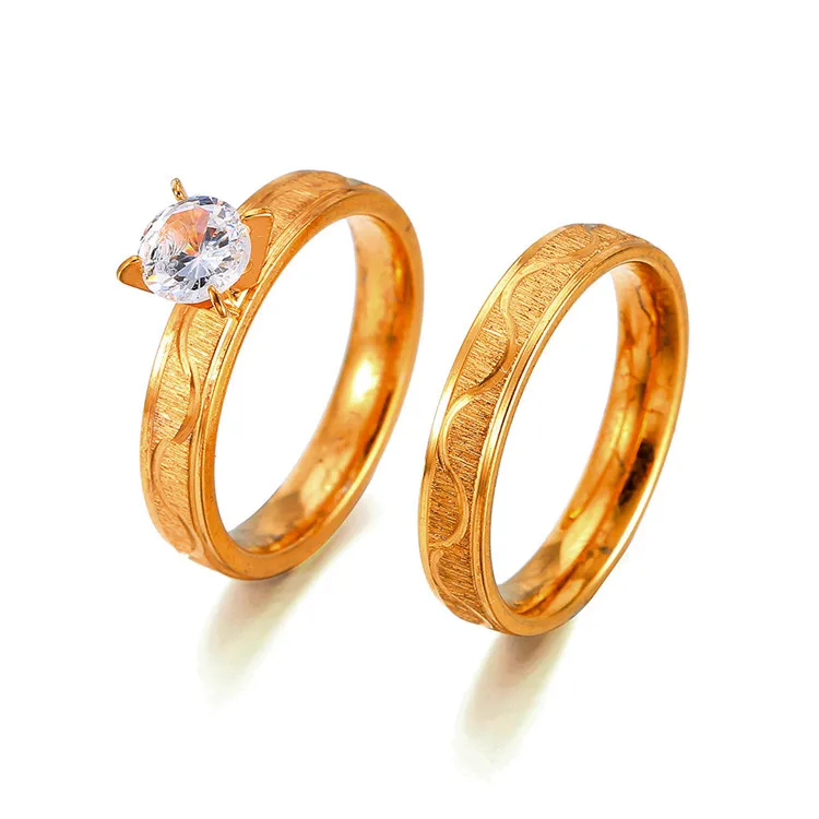 Simple Stainless Steel Wedding Ring For Women Men Gold Color Classic Engagement Alliance Ring Set