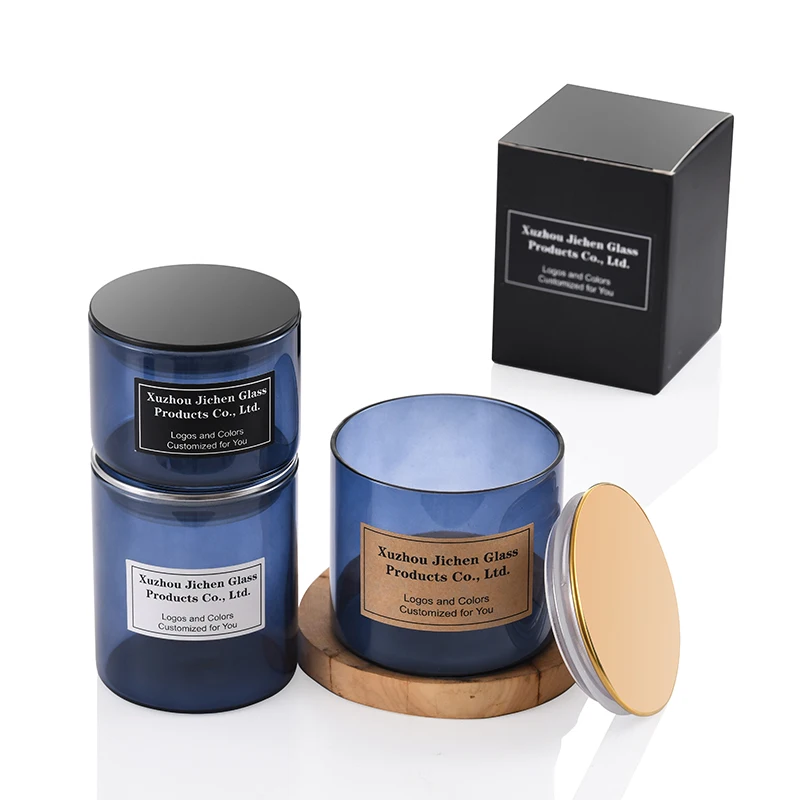 Scented 3oz 5oz 7oz 10oz 12oz 15oz 20oz blue straight soy wax high borosilicate empty glass candle jar with black metal lid