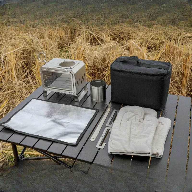 Portable Camping Cooker with Glass Window Panel Outdoor Hiking Wood BBQ Stove Quick Release Backpacking Tool
