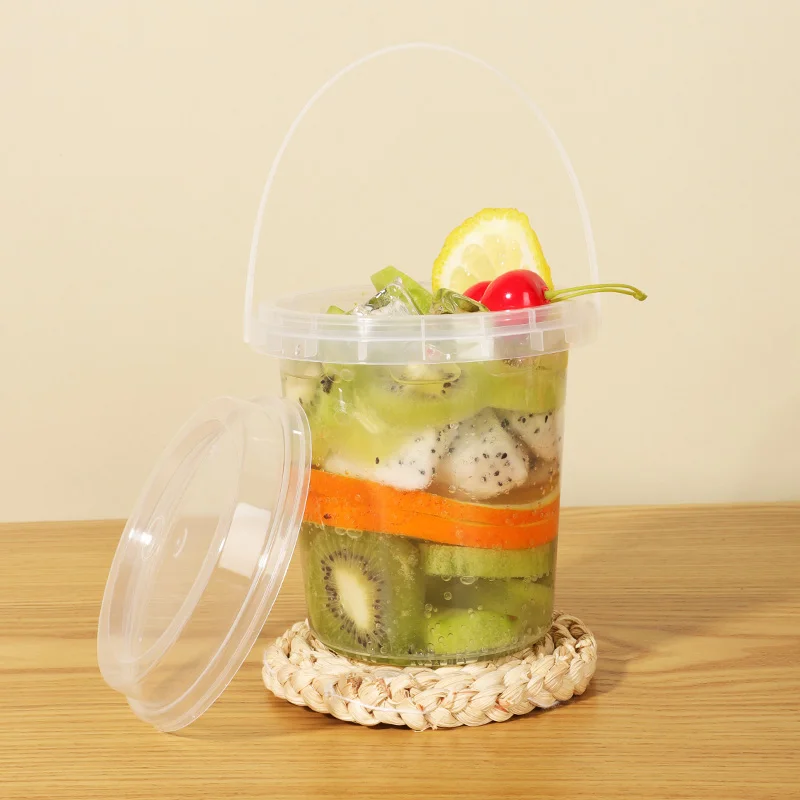 Custom Logo Printed Disposable PP Clear Party Bucket 1000ml Plastic Cup with Handle and Lid for Tea Juice Milk Large Capacity