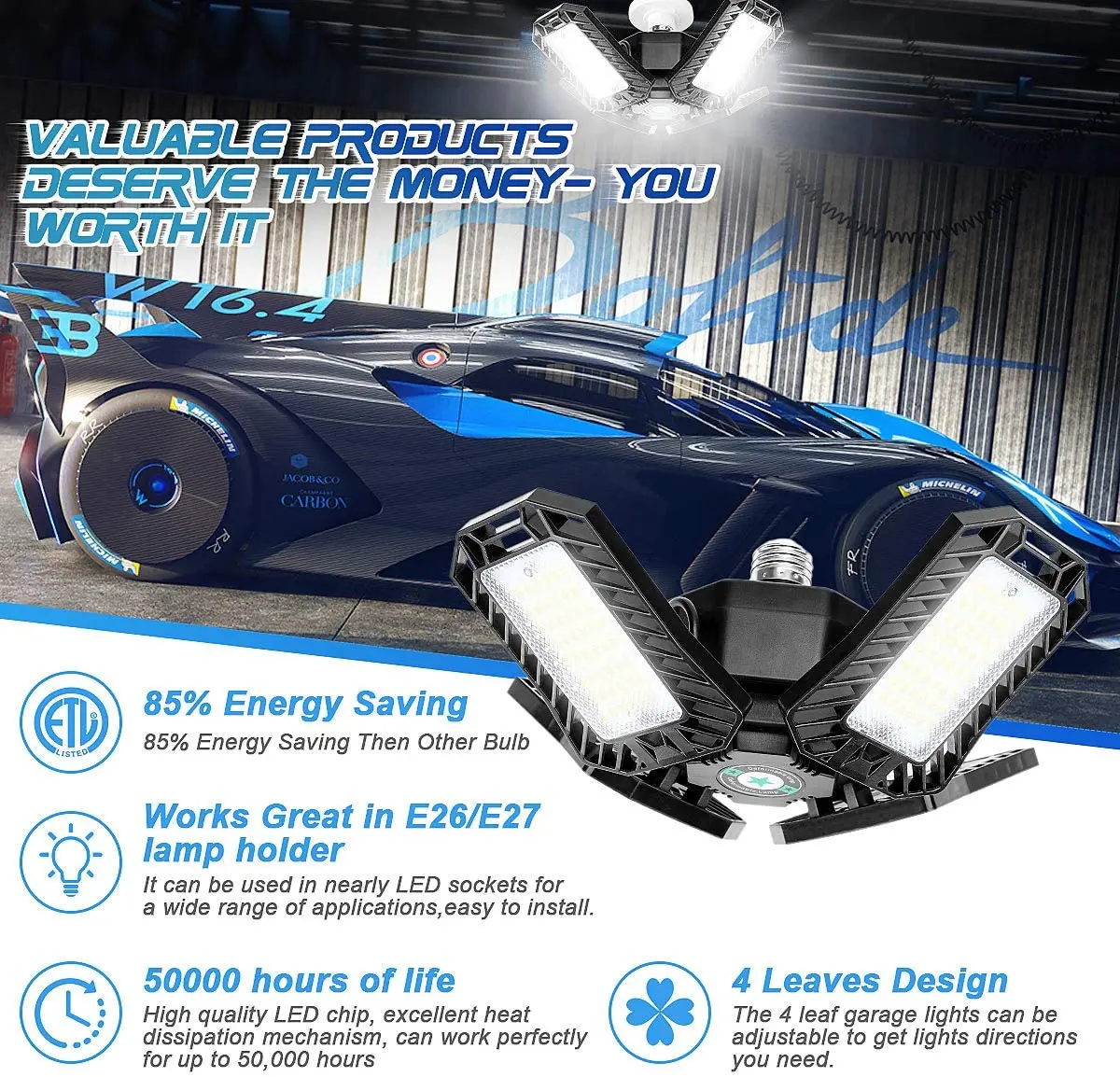 Low consumption 120W plastic deformable garage lamp with 4 adjustable panel