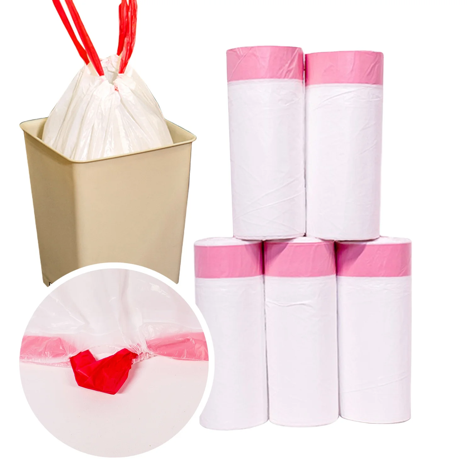 Wholesale Disposable Plastic Rope Rubbish Bags/13 Gallon White Trash Bags/Custom Logo Printing Drawstring Garbage Bags On Roll