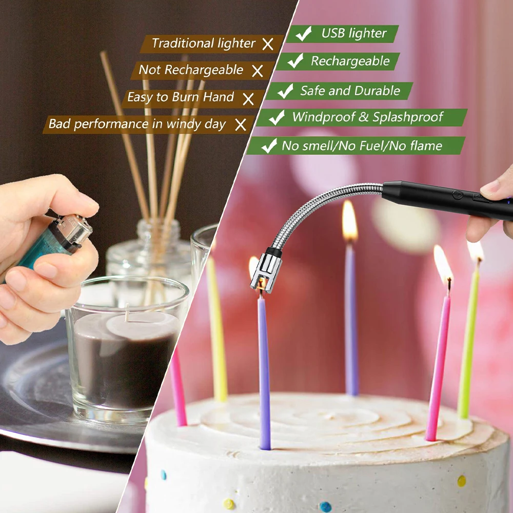 Electric Candle Lighter, Long Rechargeable USB Lighter Arc Windproof Flameless Lighters for Candle Camping BBQ