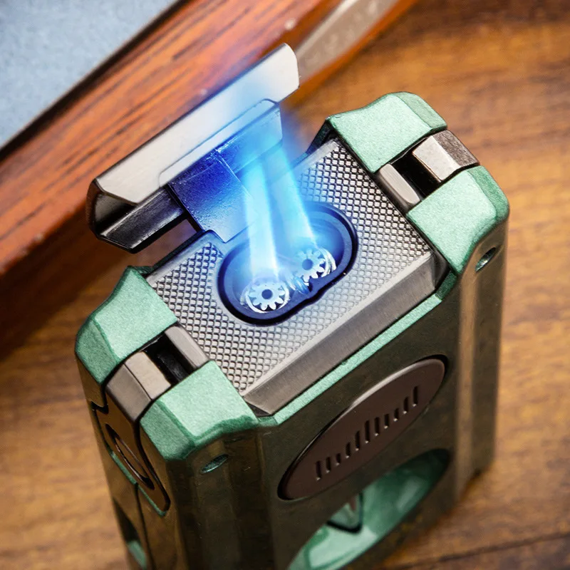 Multi Functional  Opener Cigarette Holder Needle V-shaped  Cutter Punch Zinc Alloy Blue Flame Double Straight Cigar Lighter