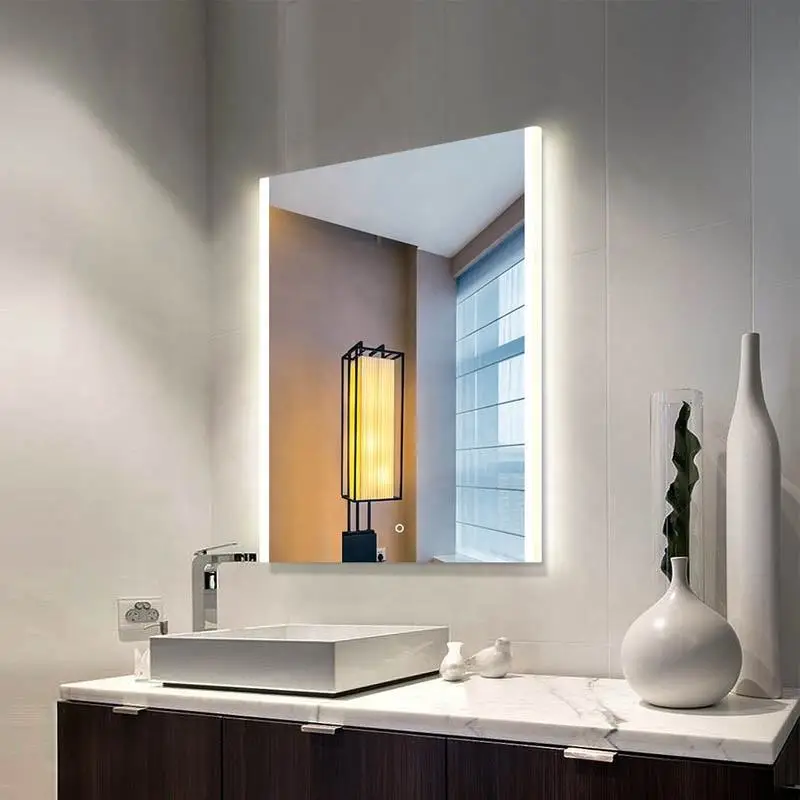 modern hotel touch screen smart led illuminated wireless Phone bathroom wall mirror rectangular anti fog bathroom mirror