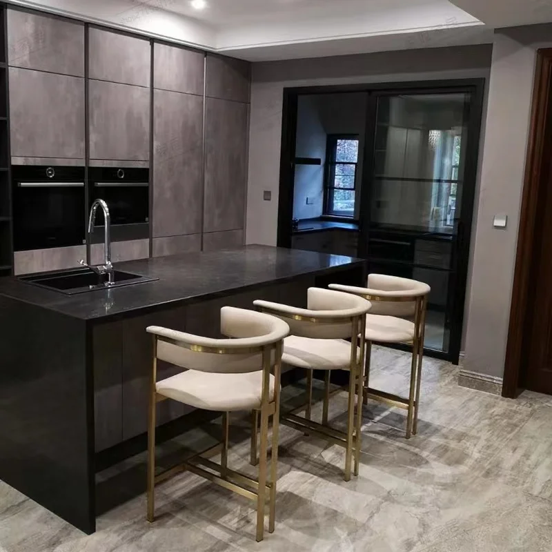 Modern Brush Bar Stool Chair Leather Counter Home Kitchen Counter Height Dining Chair Gold Stainless Steel Luxury Club Optional